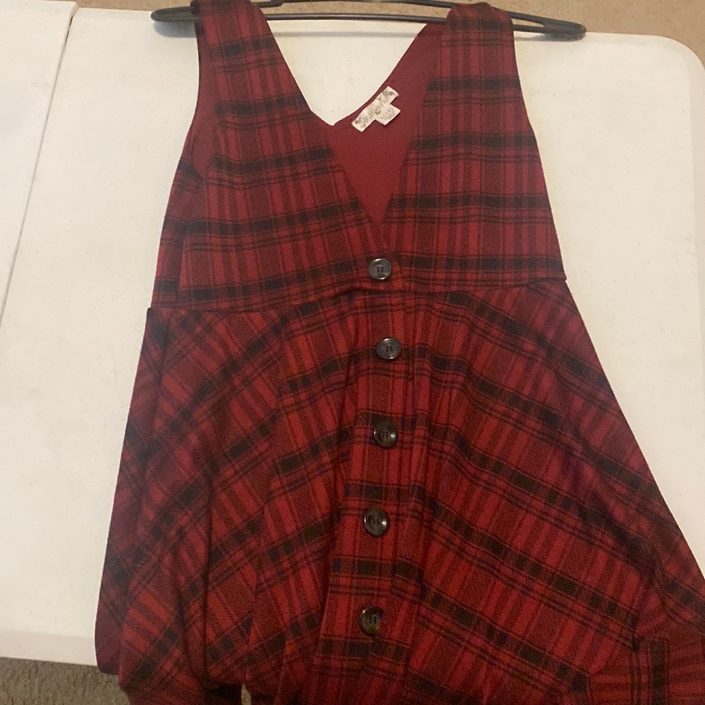 Dark Red Plaid V-Cut Dress